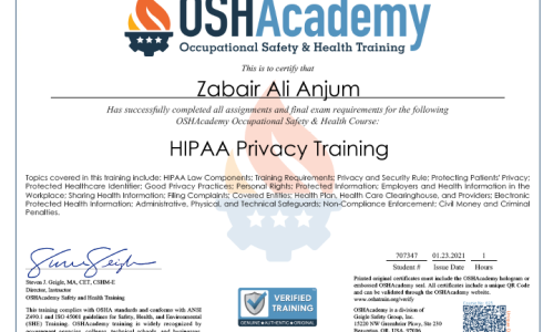 Completed HIPAA certification Test with 100% Accuracy.