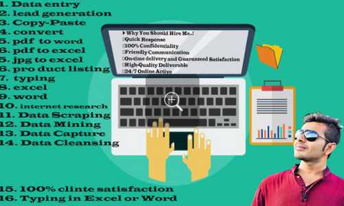 data entry, copy past, lead generation, web research work Hello, Thanks for view Portfolio This Portfolio includes all types of Data entry tasks. I can do any type of data entry, excel spreadsheet, pdf to excel, web research, image to excel and all data entry & excel related jobs with 100% accuracy. Excel task includes: All type of data entry and excelcopy-paste Excel Data Entry: First name, Last name, Email, Address, etcCopy data from Online website & paste to Excel sheetData entry in Google SheetDivide Excel cells data into different columnAdvance Excel data entryExcel CSV filepdf to wordword to pdfimage to wordlead generation Please send me a quick message to discuss you're about the project. Thanks MD ROMIN CHOWDHURY