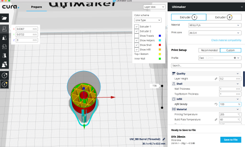 Preparing model for 3D printing using software tool called Ultimaker Cura 3.0