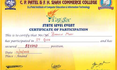 Secured 2nd level position on state level on IT Quiz Competition