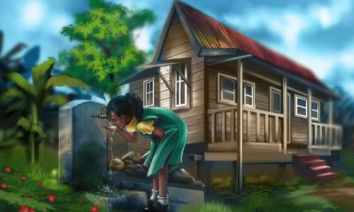 Realistic illustration of Caribbean girl drinking from a faucet in an urban country cistern background. 