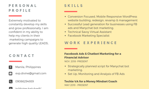 This resume contains my latest work experience and link to my portfolio with a scheduling link to book a FREE discovery call if you are interested with my services.