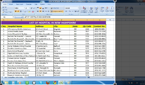 Showing A List of Hospitals In New Hampshire, Collected by Self My client wanted to get a list of all hospitals in Hampshire. It involved data harvesting and extraction from different government websites The client also wanted to see how spreadsheets can put a lot of data in a very orderly and simple manner, in the shortest time possible. I built the spreadsheet from all data collected from government agencies, websites and online sources, analyzed the data and came out with a clear representation of the same.
