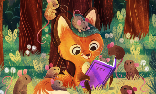 Children's story book illustration of an animal character and background.