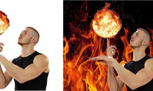 white background changed to flames & basketball replaced with burning ball.