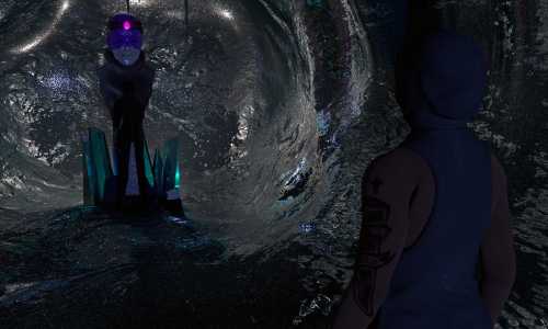 Concept Art: A mysterious Icy Cave with a mysterious sculpture.