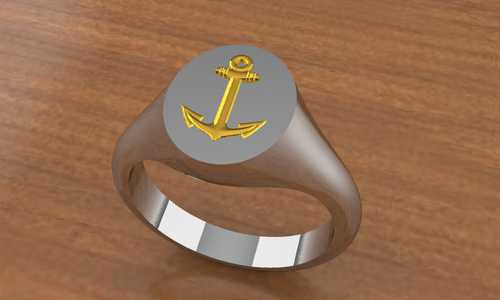 A gold anchor imbedded in a Rhodium signet ring