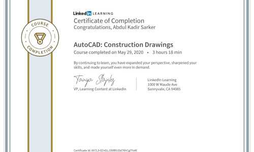 I have completed the course- AutoCAD: Construction Drawings and achieved this certificate.