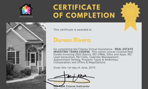 Completion Certificate of training course of Real Estate Investing Virtual Assistant Task Course