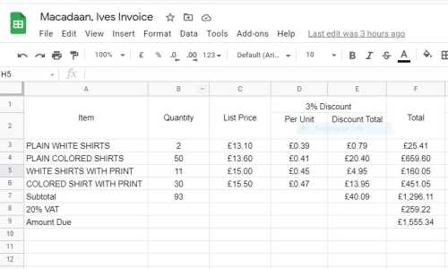 A Google Sheet entry with discount and VAT formulas