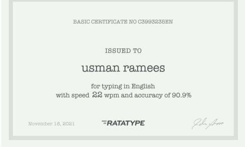 This is my typing certificate from ratatype.com