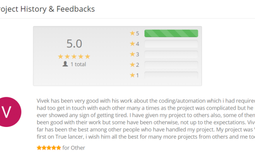 - Worked on Automation projects for stock market data capture in other freelance sites and recieved excellent feedback