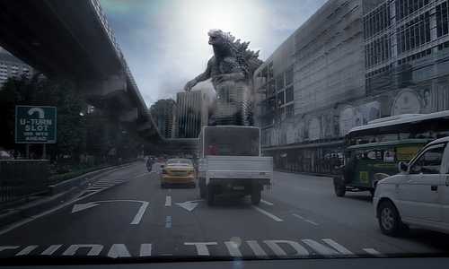 This is another photo manipulation done by me. The subject is Godzilla, but as you can see it is not likely seen in the movie, because everything that surround him is edited. The background is a city in manila in our country. Color-grading is one of the key that match the subject with the background in here
