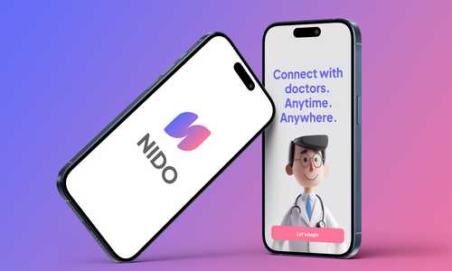 Onboarding screens for 'Nido', an app for on-demand virtual consultations with doctors. 
