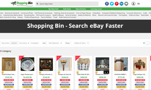 Shopping Bin is an eBay auction tool built for the eBay community. Primary focus is to allow you to search eBay faster.The site allows people to search millions of products using a fullscreen visual shopping interface compared to a handful of products in the standard eBay view. There are several built-in features which allow you to search eBay faster. It is based on the idea that your mind processes images faster than text, so by providing image based search results, users can scan through results at a more rapid rate. The goal of Shopping Bin is to speed up the amount of time you search through eBay to make more informed buying and selling decisions.