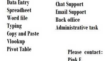 Data Entry, Spreadsheet, Typing, Encoding, Vlookup, Pivot table, Email,Chat Support, Administrative