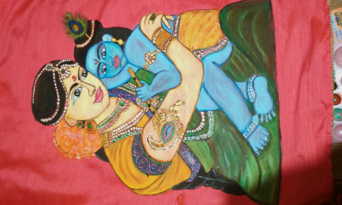 Epitome of love radha krishna fabric painting on saree 