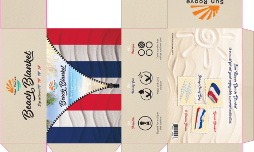 Packaging design for a beach blanket, a product sold by Sun Roove on Amazon.